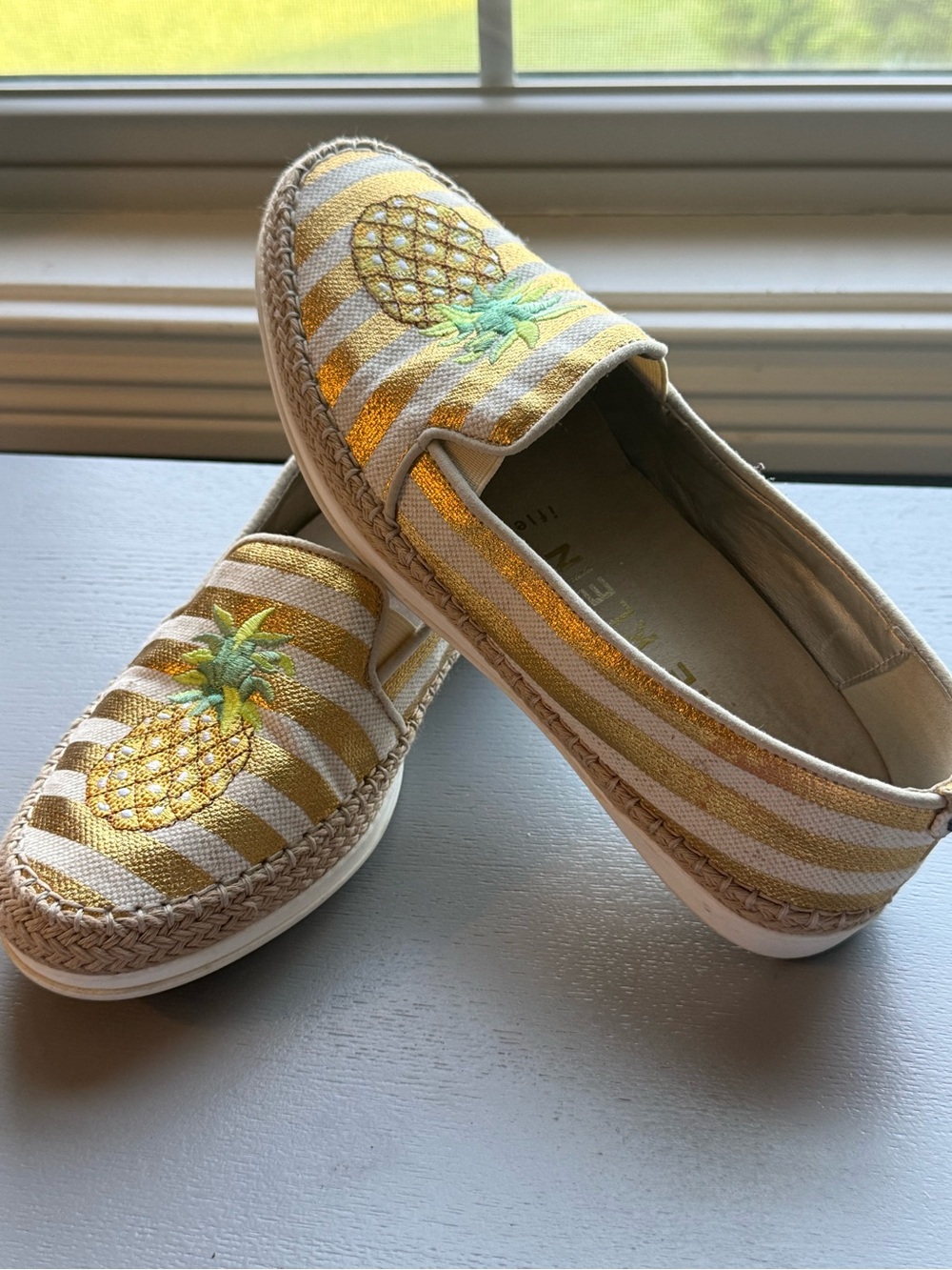 Anne Klein Gold and Cream Striped Pineapple Espadrilles
